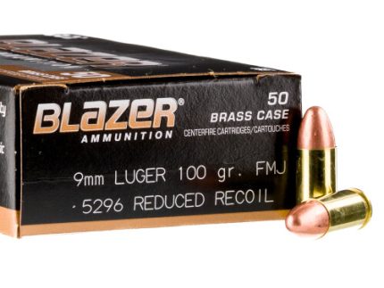 1000 Rounds of 9mm Ammo by Blazer Brass Reduced Recoil - 100gr FMJ
