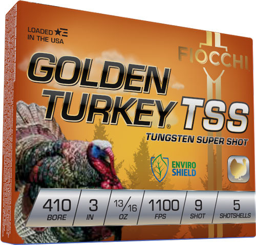 Fiocchi Golden Turkey TSS 410 Ga, 3", 13/16 oz, 9 Shot, 5rd Box Fiocchi Golden Turkey TSS 410 Ga, 3", 13/16 oz, 9 Shot, 5rd Box