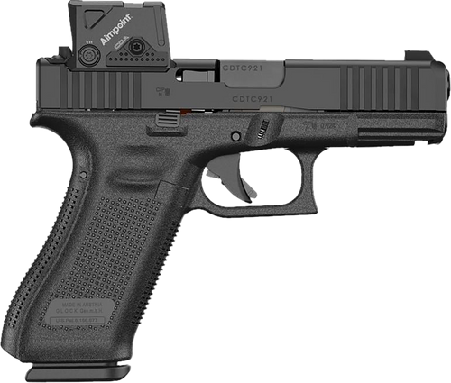 GLOCK 45 MOS 9mm, 4" Barrel, Black, MOS8 Optic Cut, Aimpoint COA Optic, Ambi Slide Stop, Flared Mag Well, No Grooves, 10rd GLOCK 45 MOS 9mm, 4" Barrel, Black, MOS8 Optic Cut, Aimpoint COA Optic, Ambi Slide Stop, Flared Mag Well, No Grooves, 10rd