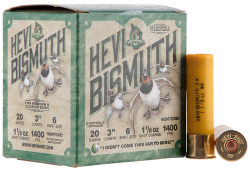 HEVI-Shot Waterfowl 20 Ga, 3", 1 1/8 oz, Bismuth, 6 Shot, 25Bx/10Cs HEVI-Shot Waterfowl 20 Ga, 3", 1 1/8 oz, Bismuth, 6 Shot, 25Bx/10Cs