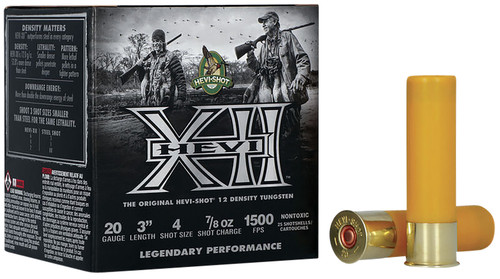 HEVI-Shot Waterfowl 20 Ga, 3", 7/8 oz, Tungsten, 4 Shot, Hevi-XII, 25Bx/10Cs HEVI-Shot Waterfowl 20 Ga, 3", 7/8 oz, Tungsten, 4 Shot, Hevi-XII, 25Bx/10Cs
