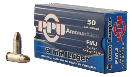 PPU Ammunition 9mm, 115gr, Full Metal Jacket, 50rd Box